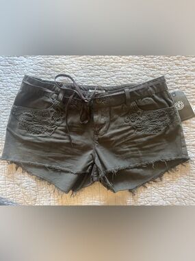 Element Olive Green Embroidered Frayed-Hem Women's Jean Shorts